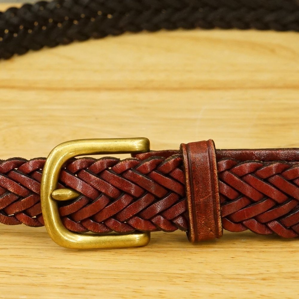 Lands End Braided Leather 36" Style 506 Unisex Belt Maroon Brass Buckle